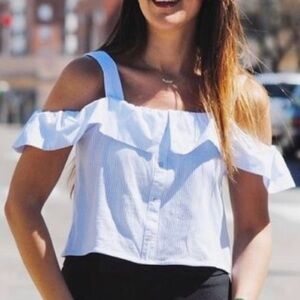 Zara Off-Shoulder Ruffle Top in Blue and White Size Small
